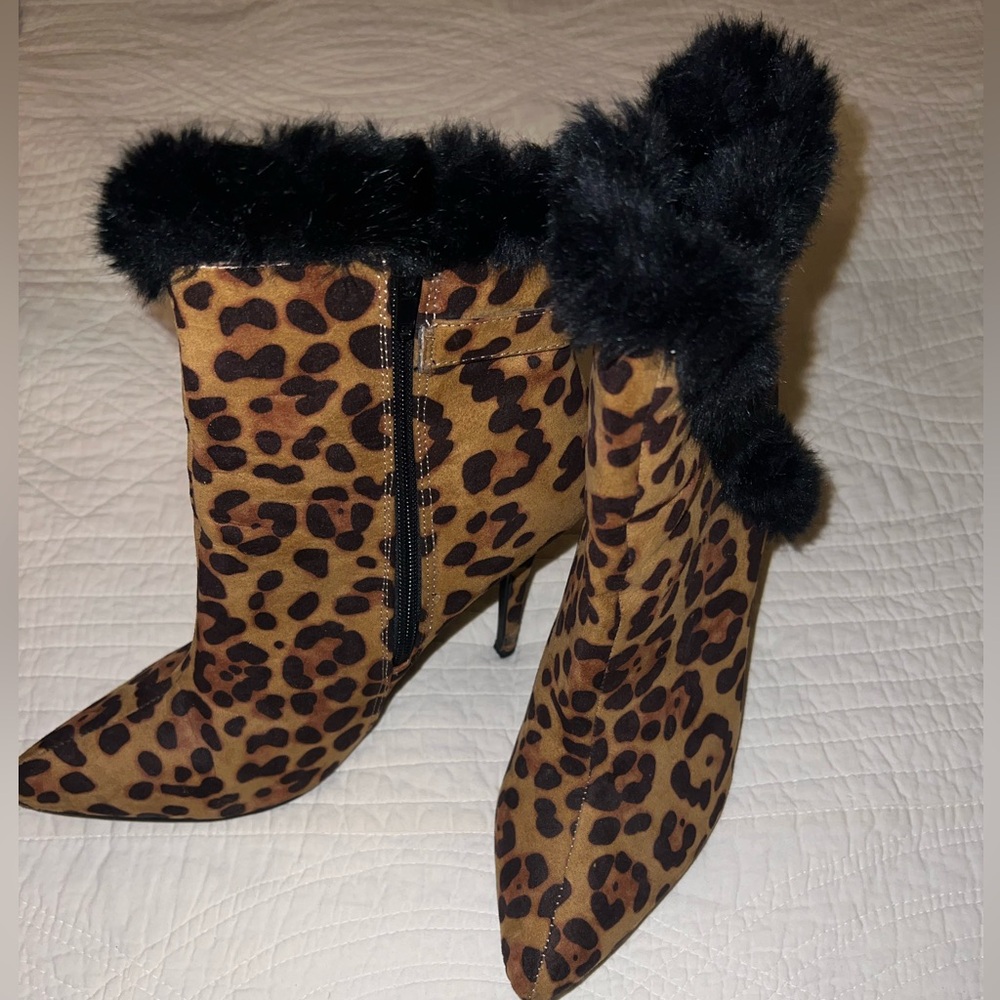 Anne Michelle Brown Leopard Heeled Boots with Black Fur Trim